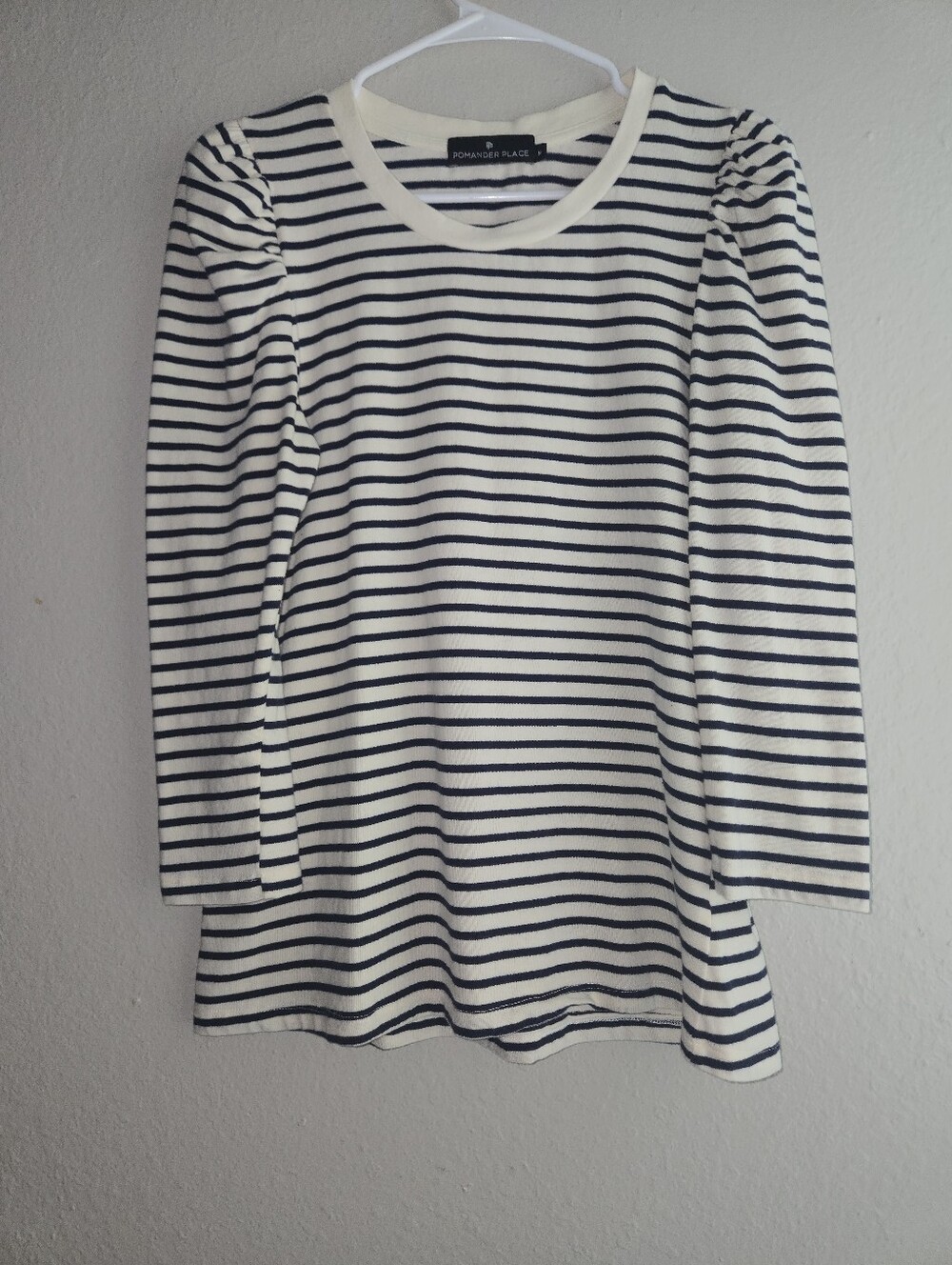 Pomander Place Striped Puff Sleeve Top M  Navy White Sailor Nautical Tee Shirt